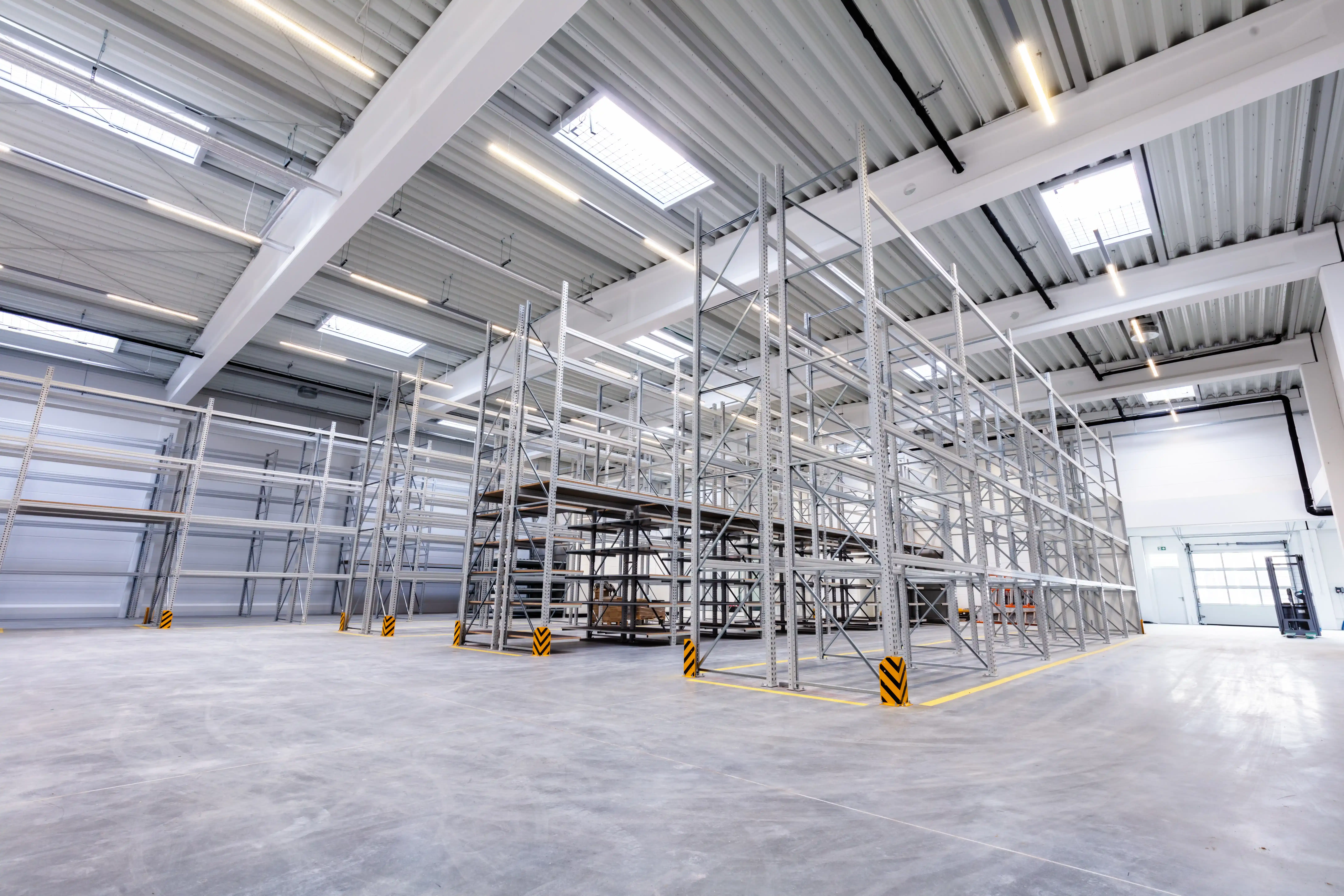 Almacén industrial con estanterías y racks de almacenamiento.